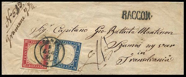 1861, Sardegna, raccomandata da Carpi (Mo), per Szamos Ujvar (Transilvania, Romania) del 9 luglio 1861  - Asta Filatelia e Storia Postale - Associazione Nazionale - Case d'Asta italiane