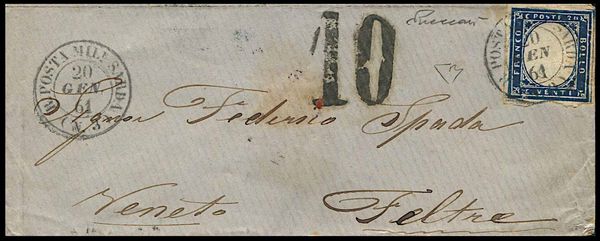 1861, Sardegna, Assedio di Gaeta, lettera da R. POSTA MIL.RE SARDA (3) per Feltre del 20 gennaio 1861  - Asta Filatelia e Storia Postale - Associazione Nazionale - Case d'Asta italiane