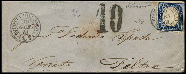 1861, Sardegna, Assedio di Gaeta, lettera da �R. POSTA MIL.RE SARDA (3)� per Feltre del 20 gennaio 1861  - Asta Filatelia e Storia Postale - Associazione Nazionale - Case d'Asta italiane