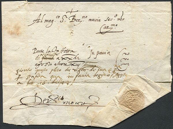 1544, Sovracoperta di lettere del 20 agosto 1544, con segni di Cito ripetuto tre volte.  - Asta Filatelia e Storia Postale - Associazione Nazionale - Case d'Asta italiane