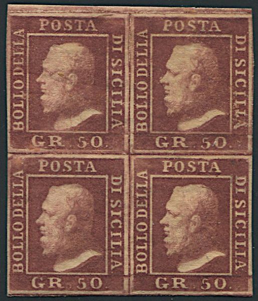 1859, Sicilia, 50 gr. lacca bruno (S. 14),  - Asta Filatelia e Storia Postale - Associazione Nazionale - Case d'Asta italiane