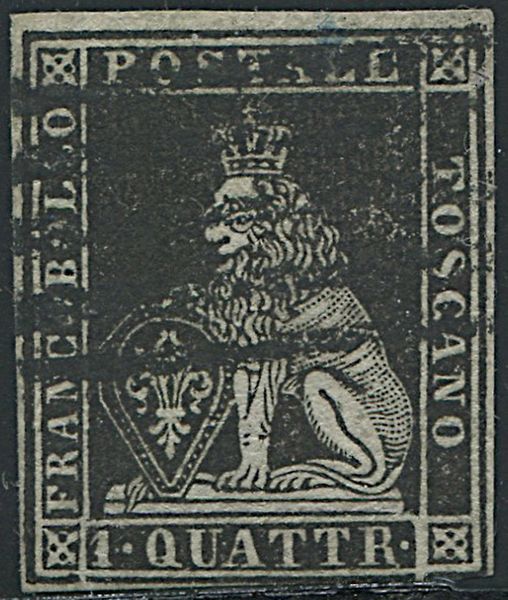 1851, Toscana, 1 quattrino nero su grigio (S. 1)  - Asta Filatelia e Storia Postale - Associazione Nazionale - Case d'Asta italiane