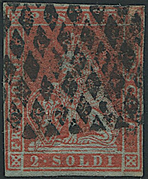 1851, Toscana, 2 soldi scarlatto su azzurro (S. 3)  - Asta Filatelia e Storia Postale - Associazione Nazionale - Case d'Asta italiane