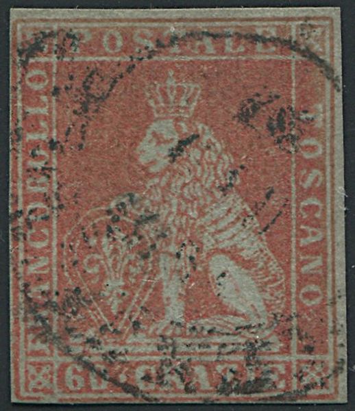 1852, Toscana, 60 crazie scarlatto su grigio (S.9a)  - Asta Filatelia e Storia Postale - Associazione Nazionale - Case d'Asta italiane