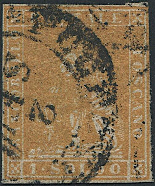 1857, Toscana, 1  soldo ocra su carta bianca (S. 11)  - Asta Filatelia e Storia Postale - Associazione Nazionale - Case d'Asta italiane