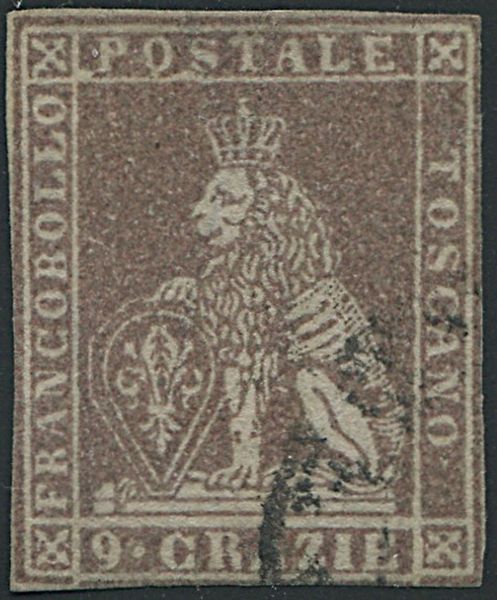 1859, Toscana, Gov. Provvisorio, 9 crazie bruno lillaceo (S. 16)  - Asta Filatelia e Storia Postale - Associazione Nazionale - Case d'Asta italiane