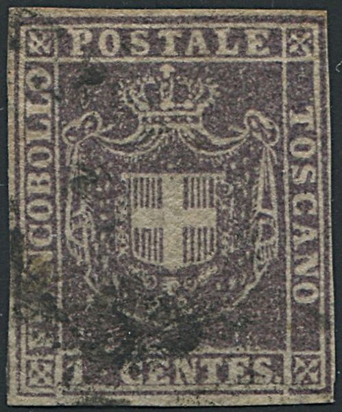 860, Toscana, Gov. Provvisorio, 1 cent. violetto bruno (S. 17)  - Asta Filatelia e Storia Postale - Associazione Nazionale - Case d'Asta italiane