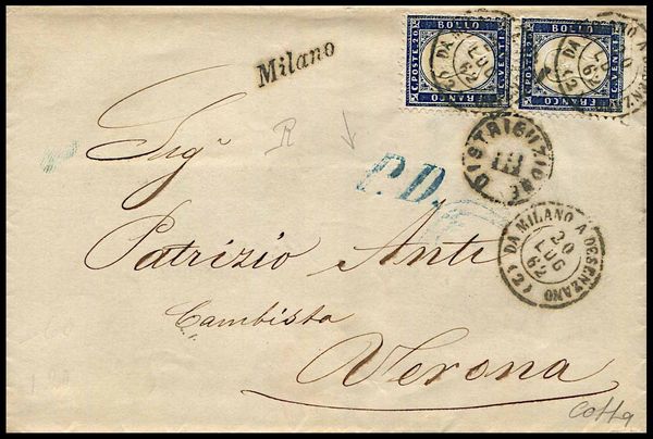 1862, Regno dItalia, lettera da Milano per Verona del 20 luglio 1862  - Asta Filatelia e Storia Postale - Associazione Nazionale - Case d'Asta italiane