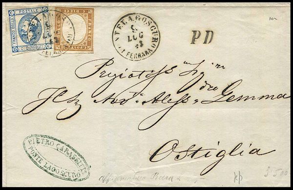 1863, Regno d�Italia, lettera da Pontelagoscuro per Ostiglia del 9 luglio 1863  - Asta Filatelia e Storia Postale - Associazione Nazionale - Case d'Asta italiane