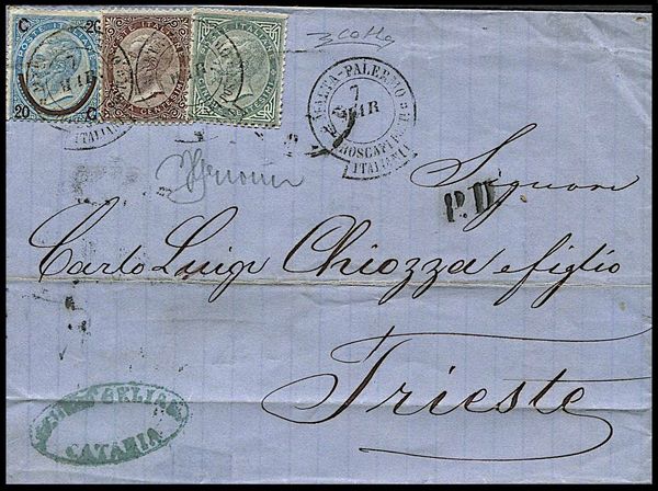 1865, Regno dItalia, lettera da Catania per Trieste del 7 marzo 1865  - Asta Filatelia e Storia Postale - Associazione Nazionale - Case d'Asta italiane