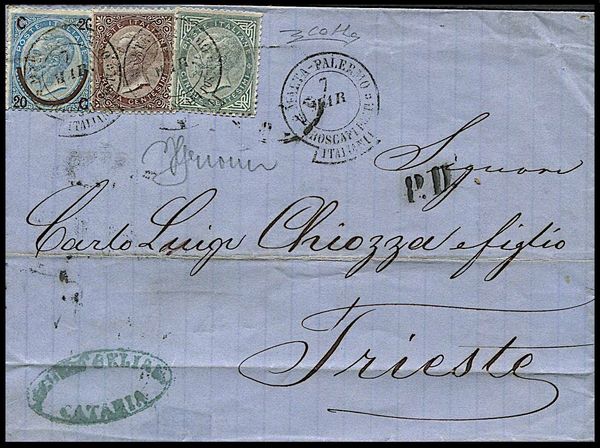 1865, Regno d�Italia, lettera da Catania per Trieste del 7 marzo 1865  - Asta Filatelia e Storia Postale - Associazione Nazionale - Case d'Asta italiane