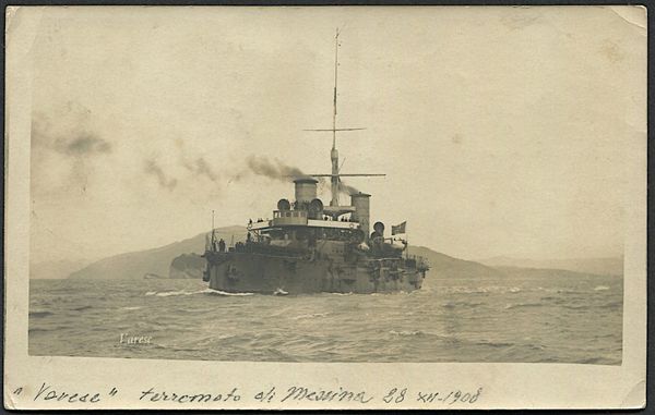 1909, cartolina fotografica che illustra la R.N. �Varese�, scritta da Messina il 10 gennaio 1909 per Modena, due settimane dopo il terribile terremoto che distrusse la citt� e caus� la perdita di circa 100.000 persone.  - Asta Filatelia e Storia Postale - Associazione Nazionale - Case d'Asta italiane