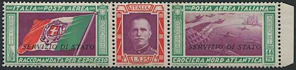 1933, Regno d'Italia, Servizio Aereo, Trittico sovrastampato Servizio di Stato (S. 1)  - Asta Filatelia e Storia Postale - Associazione Nazionale - Case d'Asta italiane