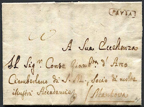 1774, Lettera del 6 dicembre da Pavia a Mantova, scritta da Lazaro Spallanzani  - Asta Filatelia e Storia Postale - Associazione Nazionale - Case d'Asta italiane
