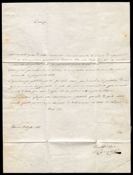 Lettera da Palermo del 17 luglio 1843 per il Ministro dell�Interno a Napoli scritta dall�Aeronauta Antonio Comaschi (1805-1845).  - Asta Filatelia e Storia Postale - Associazione Nazionale - Case d'Asta italiane