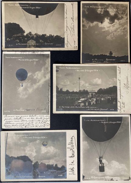 1904, Milano, Festa Aeronautica, serie di 6 cartoline fotografiche, due nuove e quattro viaggiate  - Asta Filatelia e Storia Postale - Associazione Nazionale - Case d'Asta italiane