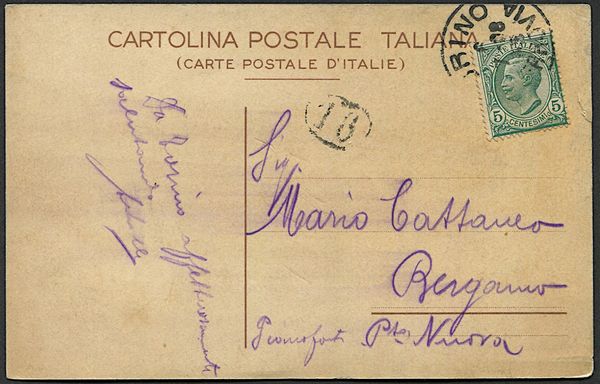 1908, cartolina ufficiale policroma Delagrange Voler! (Off. Anonima Affissioni - Milano)  - Asta Filatelia e Storia Postale - Associazione Nazionale - Case d'Asta italiane