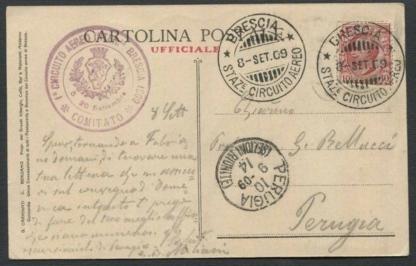 1909, Brescia, I Circuito Aereo Internazionale, cartolina ufficiale policroma  - Asta Filatelia e Storia Postale - Associazione Nazionale - Case d'Asta italiane