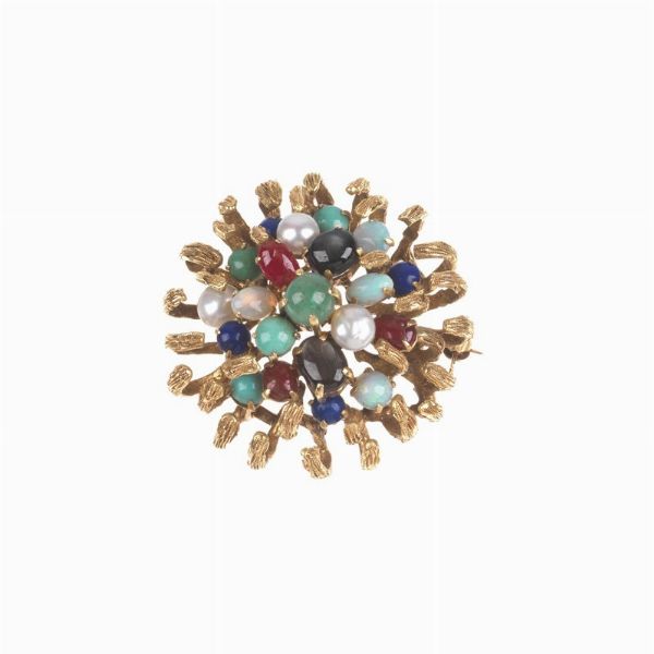 SPILLA FLOREALE CON PERLE E PIETRE SEMIPREZIOSE  - Asta Gioielli - Associazione Nazionale - Case d'Asta italiane