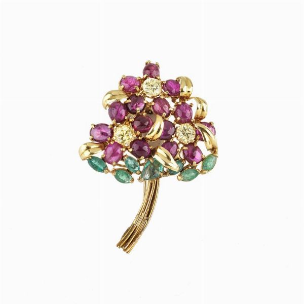 SPILLA A TRALCIO FIORITO CON PIETRE DI COLORE  - Asta Gioielli - Associazione Nazionale - Case d'Asta italiane