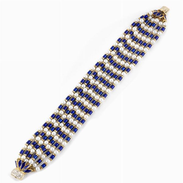 BRACCIALE A FASCIA CON PERLE E DIAMANTI  - Asta Gioielli - Associazione Nazionale - Case d'Asta italiane
