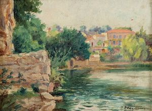 Pietro Fragiacomo - Scorcio di fiume con case