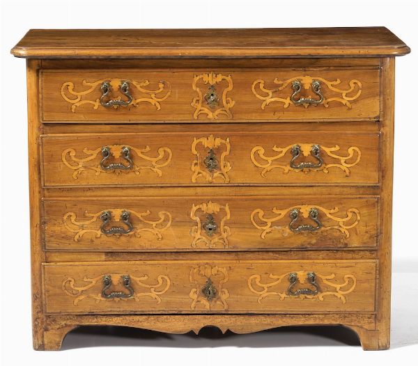 Cassettone intarsiato, fronte dritto a quattro cassetti. Piemonte XVIII secolo  - Asta  Antiquariato gennaio | Cambi Time - Associazione Nazionale - Case d'Asta italiane