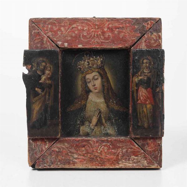 Piccolo altarolo ligneo da viaggio apribile a due sportello.  Messico, XVIII secolo  - Asta Scultura | Cambi Time - Associazione Nazionale - Case d'Asta italiane