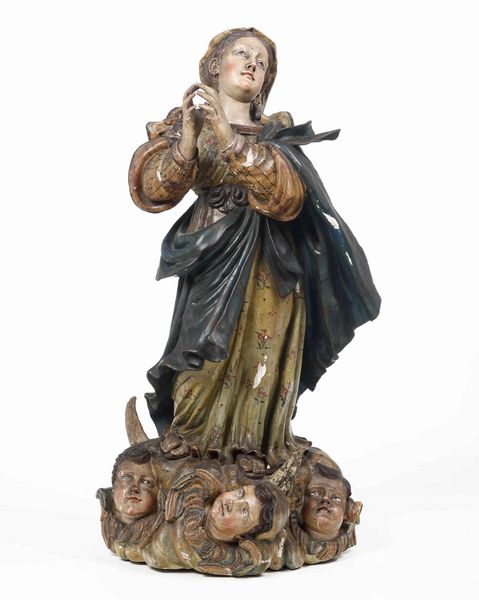 Madonna Immacolata. Legno intagliato, laccato e dorato. Arte barocca italiana, Napoli (?) XVII-XVIII secolo  - Asta Scultura | Cambi Time - Associazione Nazionale - Case d'Asta italiane