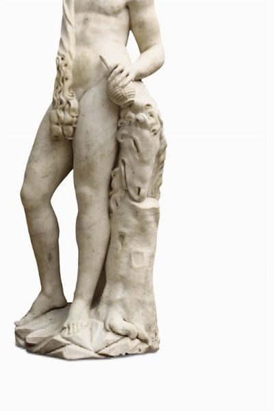 Grande scultura in marmo bianco rappresentante Bacco ebbro, Genova, fine XVI - inizi XVII secolo  - Asta Scultura e Oggetti d'Arte - Associazione Nazionale - Case d'Asta italiane