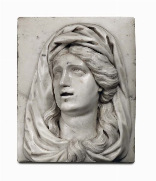 Testa femminile (Maria Vergine?) in marmo di Carrara. Alvise Tagliapietra (Venezia 1670 - 1747)  - Asta Scultura e Oggetti d'Arte - Associazione Nazionale - Case d'Asta italiane