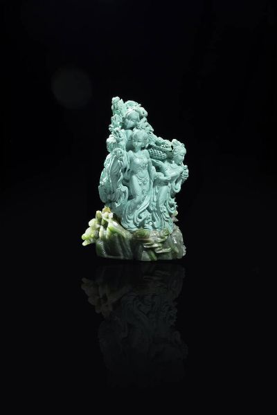 GRUPPO IN TURCHESE : Gruppo in turchese rappresentante cinque concubine con base in giada  Cina  Repubblica  XX sec H cm 21x13 5  - Asta Arte Orientale - Associazione Nazionale - Case d'Asta italiane