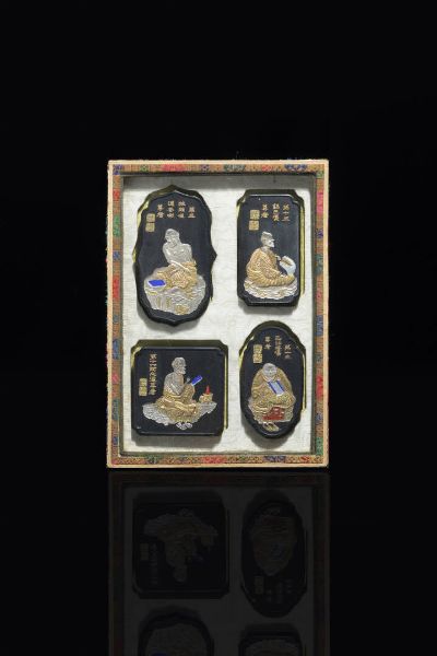 QUATTRO PIETRE DA SCRITTURA : Quattro pietre da scrittura entro cornice  Cina  Repubblica  XX sec. H cm 19 5x14 quadretto  - Asta Arte Orientale - Associazione Nazionale - Case d'Asta italiane