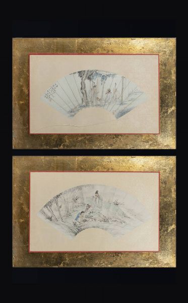 COPPIA DI DIPINTI A VENTAGLIO : Coppia di dipinti a ventaglio su pergamena raffiguranti personaggi  Cina  Repubblica  XX sec H 60x37  - Asta Arte Orientale - Associazione Nazionale - Case d'Asta italiane