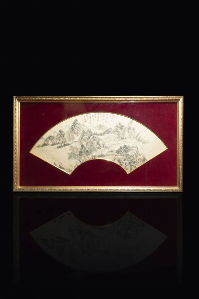 VENTAGLIO : Ventaglio dipinto su carta di pergamena  Cina  XX sec.  H 24x50  - Asta Arte Orientale - Associazione Nazionale - Case d'Asta italiane