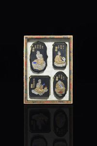 QUATTRO PIETRE DA SCRITTURA - Quattro pietre da scrittura entro cornice  Cina  Repubblica  XX sec. H cm 19 5x14 quadretto