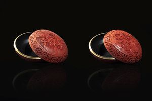 COPPIA DI SCATOLE - Coppia di scatole in lacca con fiori  Cina  XX sec. H cm 10 Diam cm 20 5