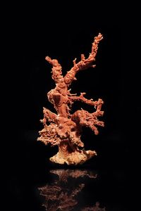 RAMO DI CORALLO - Ramo di corallo finemente scolpito con figure di guanyin e scimmie  Cina  dinastia Qing  XIX sec  H cm 29x15 5  [..]