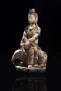 GUANYIN - Figura di Guanyin seduta su elefante in sughero con tracce di policromia  Cina  dinastia Qing  XIX sec. H 49x3 [..]