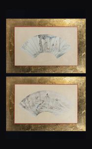 COPPIA DI DIPINTI A VENTAGLIO - Coppia di dipinti a ventaglio su pergamena raffiguranti personaggi  Cina  Repubblica  XX sec H 60x37