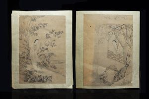COPPIA DI DIPINTI - Coppia di dipinti su pergamena raffiguranti concubine  Cina  dinastia Qing  XX sec H cm 43x29