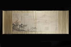 DIPINTO - Dipinto su pergamena con paesaggi e iscrizioni  Cina  Repubblica  XX sec.  H cm 63x156 dipinto H cm 79x223 scr [..]
