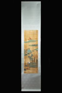DIPINTO - Dipinto su seta raffigurante figura entro paesaggio e iscrizioni  Cina  Repubblica  XX sec. H cm 109x36 dipinto  [..]