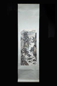 DIPINTO - Dipinto su pergamena con paesaggio e cascate  Cina  Repubblica  XX sec. H cm 80x37 5 dipinto H cm 187x51 scrol [..]