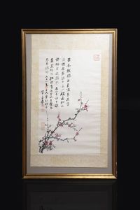 DIPINTO - Dipinto su pergamena con iscrizioni e ramo con fiori di prugno  Cina  Repubblica  XX sec H cm 76x44 dipinto H  [..]