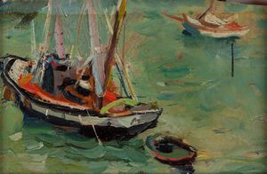 Max Weber , Attribuito a - Veduta di marina con barche