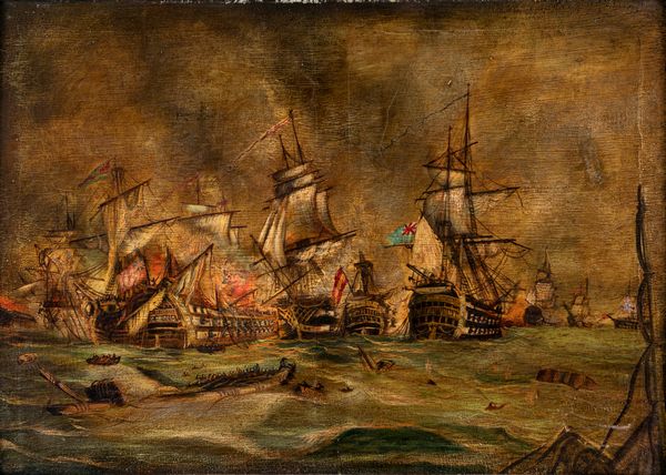 PITTORE DEL XIX SECOLO : Battaglia navale fra galeoni inglesi e spagnoli  - Asta Asta a Tempo - Antiquariato - Associazione Nazionale - Case d'Asta italiane
