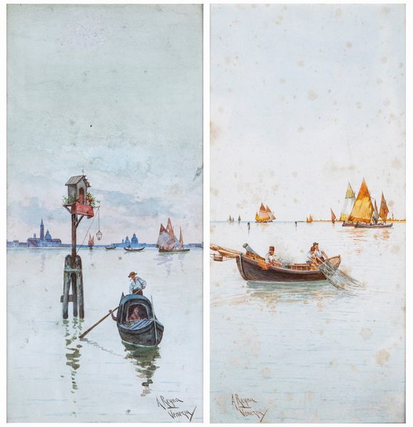 Antonio María Reyna Manescau : a) Capitello in laguna  b) Pescatori in laguna  - Asta Asta a Tempo - Antiquariato - Associazione Nazionale - Case d'Asta italiane
