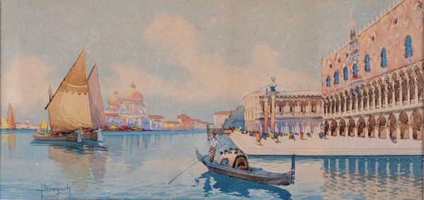 EMANUELE BRUGNOLI : Veduta del bacino di San Marco a Venezia  - Asta Asta a Tempo - Antiquariato - Associazione Nazionale - Case d'Asta italiane