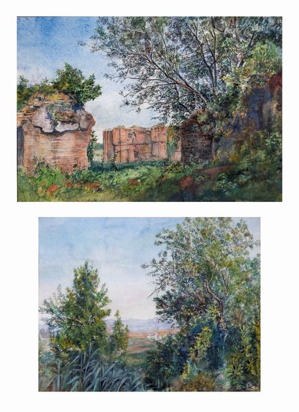 Anonimo del XIX secolo : a) Paesaggio con rovine  b) Paesaggio con paese in lontananza  - Asta Asta a Tempo - Antiquariato - Associazione Nazionale - Case d'Asta italiane